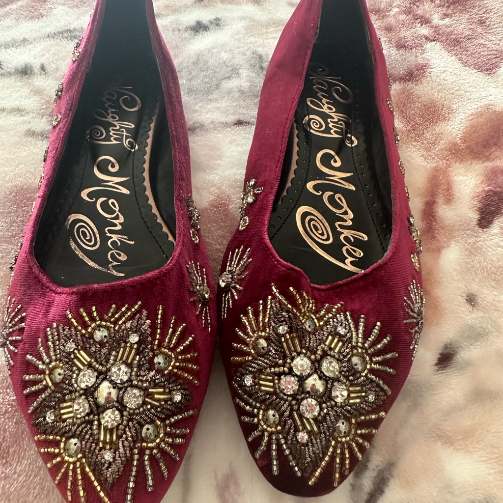 Naughty Monkey Bedazzled Burgundy And Gold Rhinestone Shoes (Flats)